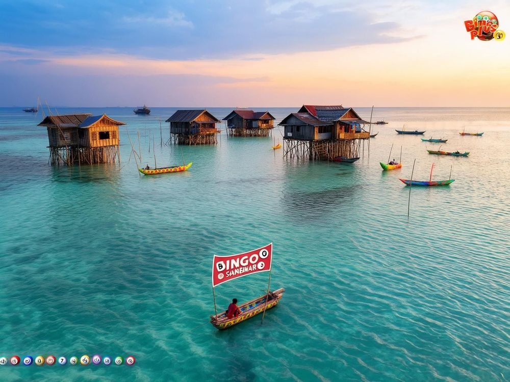Tropical stilt houses over turquoise water at sunset with boats, serene ocean scenery.