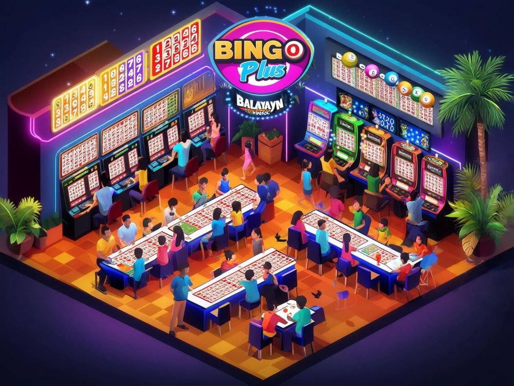 "Colorful bingo hall with players at tables and machines, neon lighting creating a vibrant casino atmosphere, Bingo Plus branding visible."