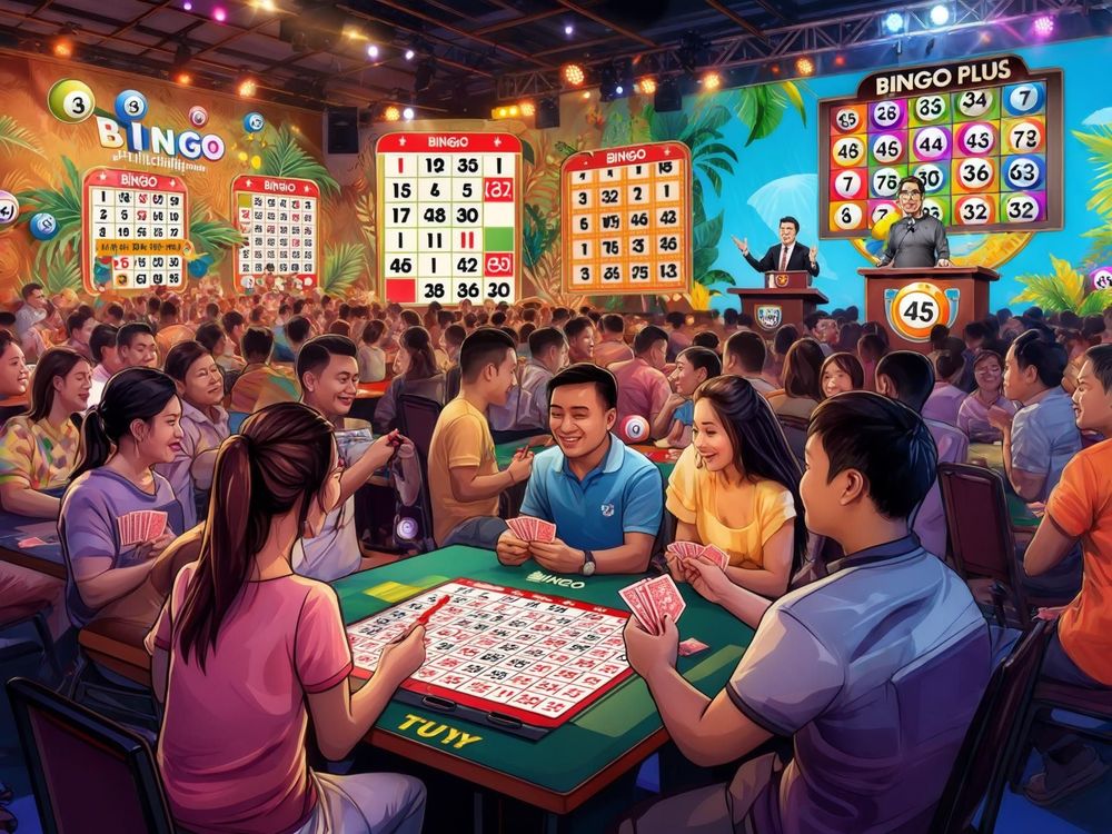 Bingo game event with players holding cards, colorful bingo boards displayed on a lively stage.